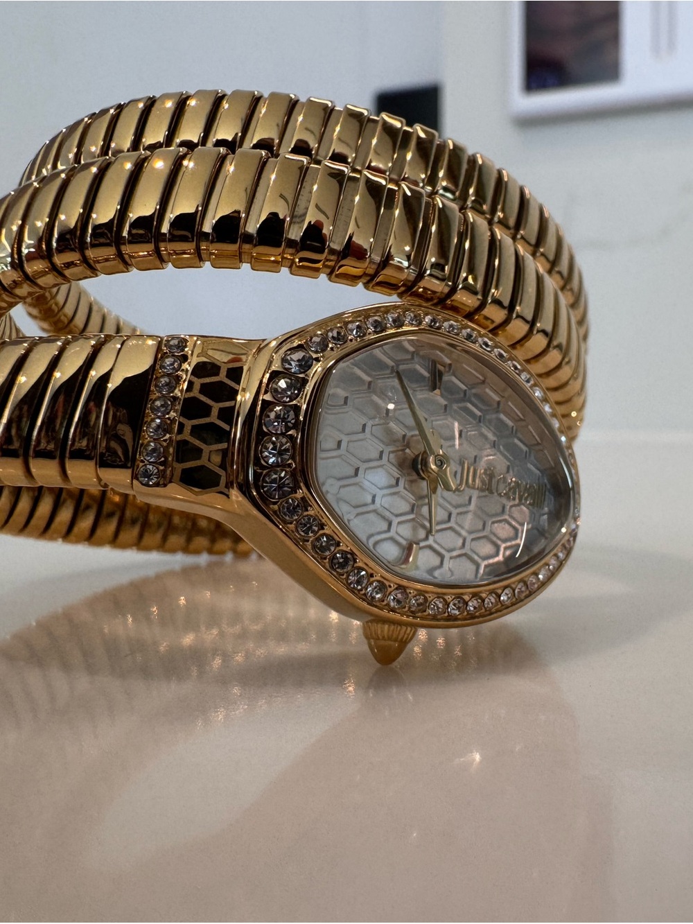Just Cavalli Gold Coil Bracelet Watch with Crystal Accents - NEVER WORN